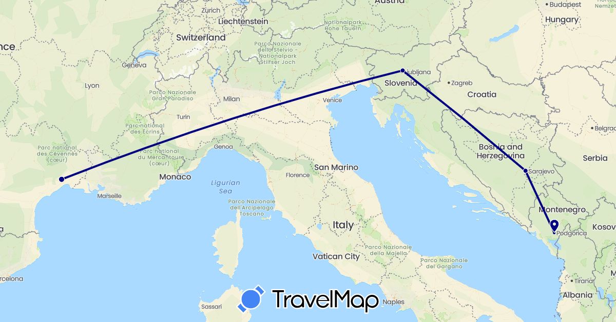 TravelMap itinerary: driving in Bosnia and Herzegovina, France, Montenegro, Slovenia (Europe)